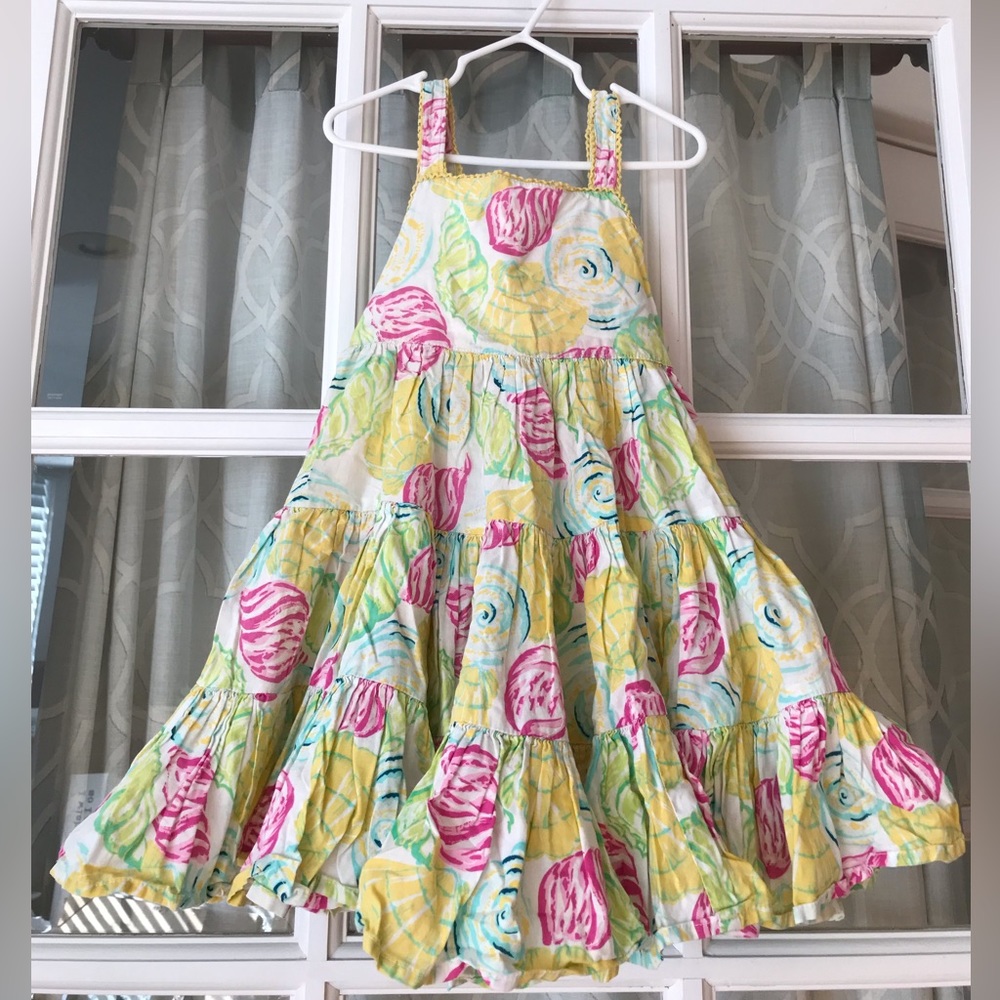 Lilly Wicket sz 4 yellow dress with pink and blue pastel watercolor shells VGUC
